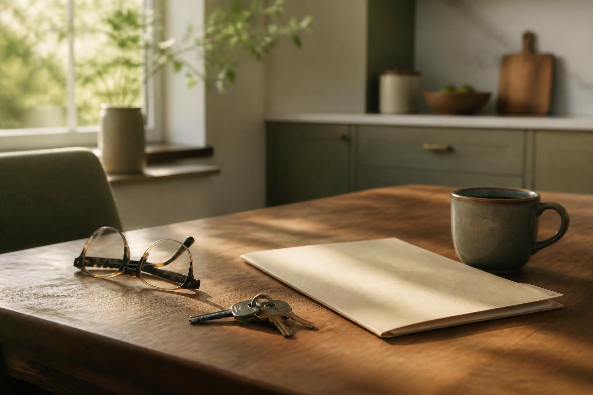 Morning light across a wooden kitchen table with reading glasses, keys, a folder and a cup of coffee